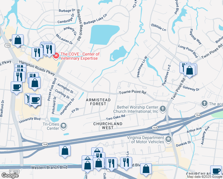 map of restaurants, bars, coffee shops, grocery stores, and more near 3715 Magnolia Drive in Portsmouth