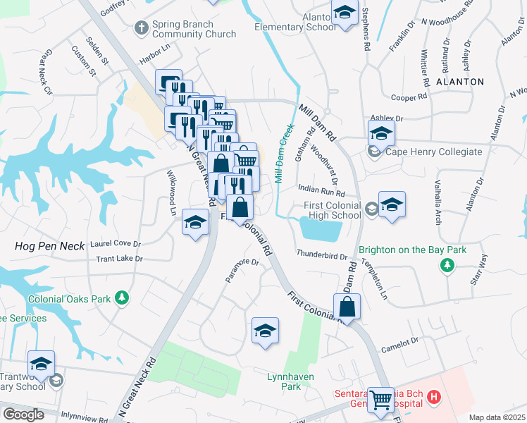 map of restaurants, bars, coffee shops, grocery stores, and more near 2126 Sanctuary Court in Virginia Beach