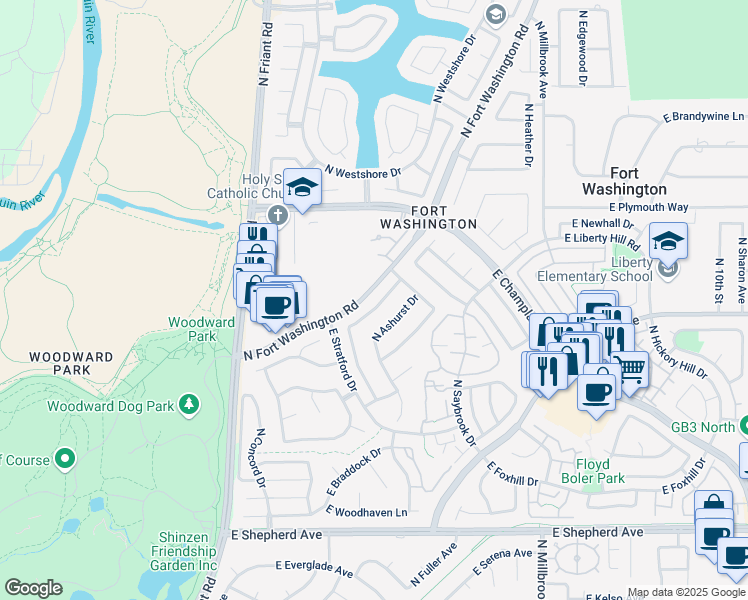 map of restaurants, bars, coffee shops, grocery stores, and more near 9507 North Madison Ridge Road in Fresno