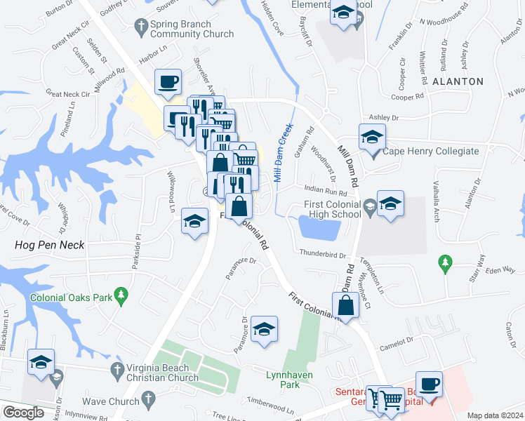 map of restaurants, bars, coffee shops, grocery stores, and more near 2122 Sanctuary Court in Virginia Beach