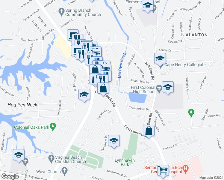 map of restaurants, bars, coffee shops, grocery stores, and more near 2130 Advent Court in Virginia Beach