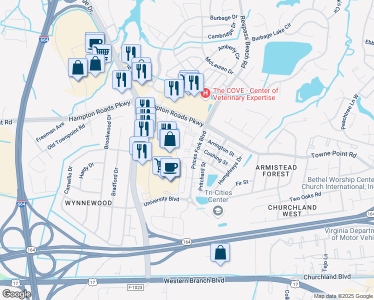 map of restaurants, bars, coffee shops, grocery stores, and more near Chandler Place in Suffolk