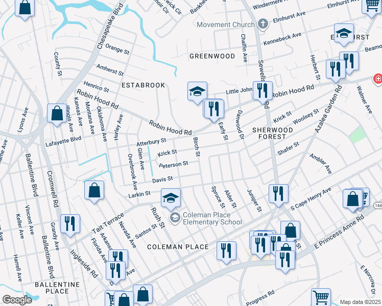 map of restaurants, bars, coffee shops, grocery stores, and more near 3925 Krick Street in Norfolk