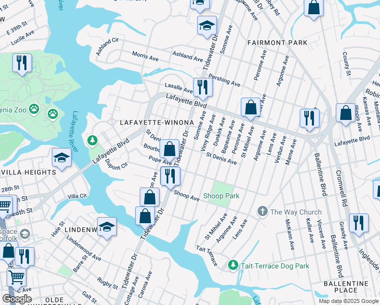 map of restaurants, bars, coffee shops, grocery stores, and more near 1917 Saint Denis Avenue in Norfolk