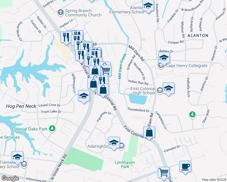 map of restaurants, bars, coffee shops, grocery stores, and more near 2134 Sanctuary Court in Virginia Beach