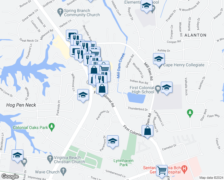 map of restaurants, bars, coffee shops, grocery stores, and more near 2134 Sanctuary Court in Virginia Beach