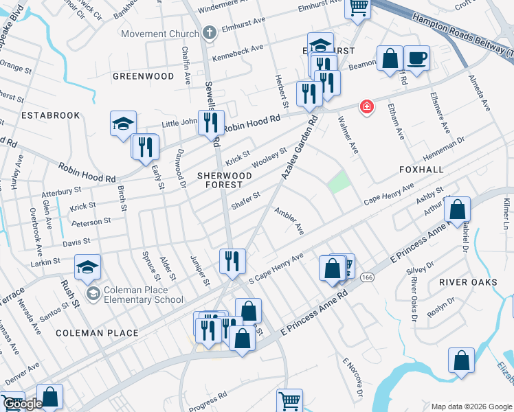 map of restaurants, bars, coffee shops, grocery stores, and more near 4918 Larkin Street in Norfolk