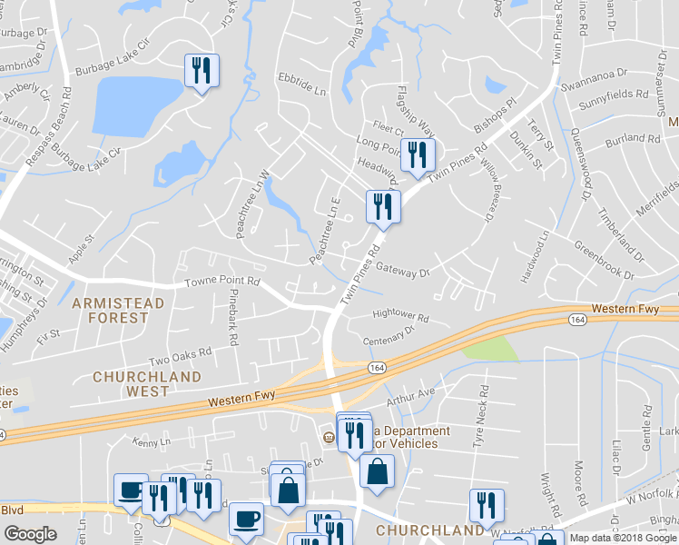 map of restaurants, bars, coffee shops, grocery stores, and more near 3724 Sugar Creek Circle in Portsmouth