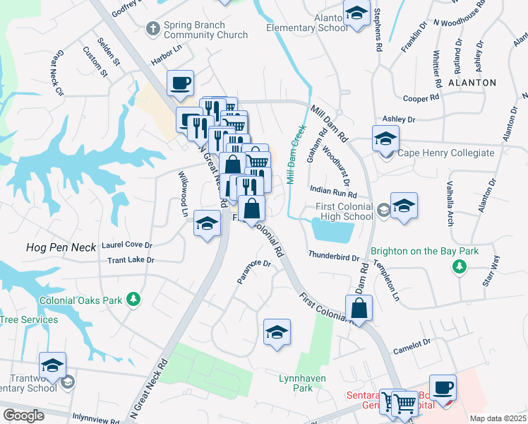 map of restaurants, bars, coffee shops, grocery stores, and more near 2109 Advent Court in Virginia Beach