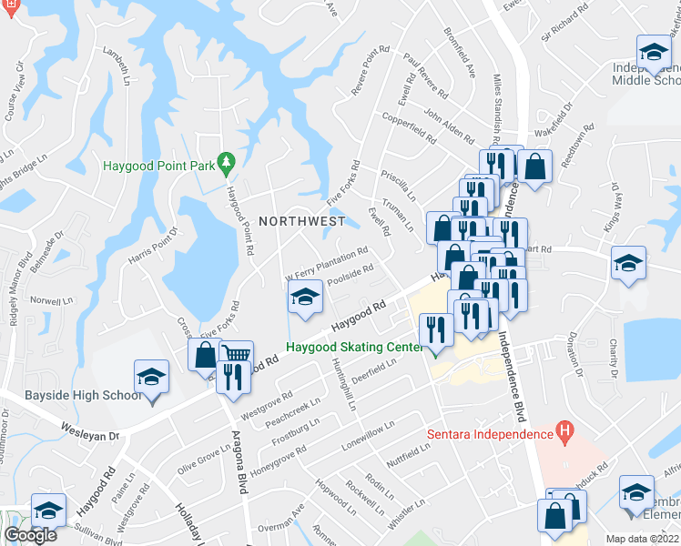 map of restaurants, bars, coffee shops, grocery stores, and more near 4808 Poolside Road in Virginia Beach