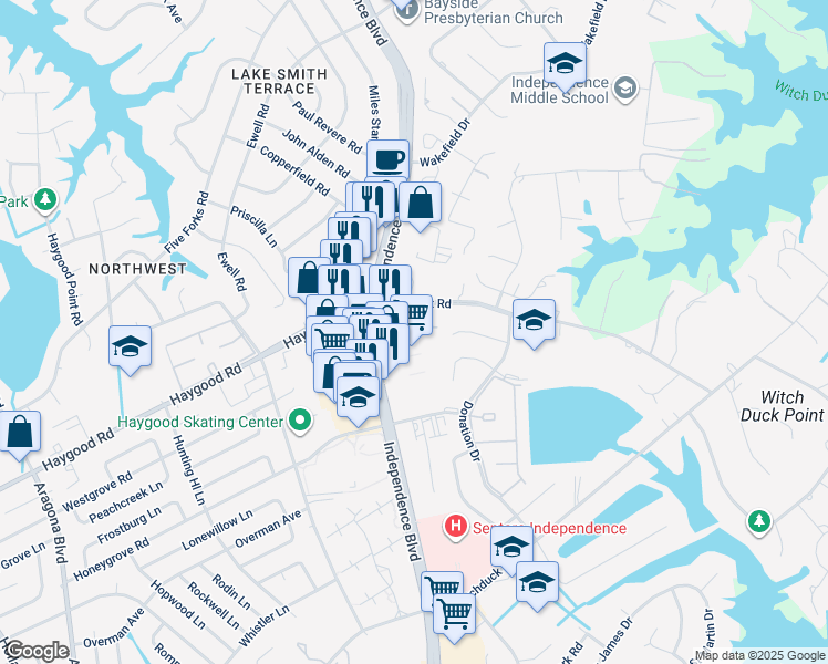 map of restaurants, bars, coffee shops, grocery stores, and more near 1008 Haygood Estate Lane in Virginia Beach