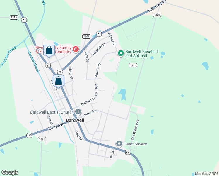 map of restaurants, bars, coffee shops, grocery stores, and more near Court Street in Bardwell