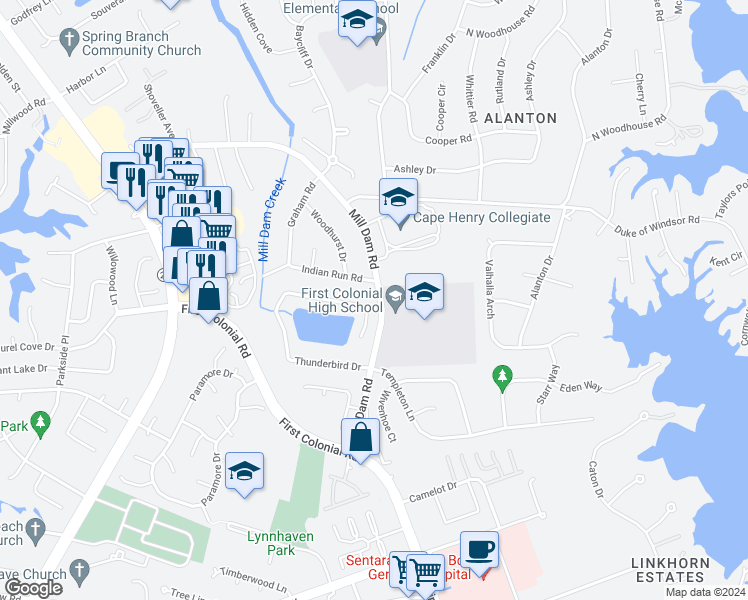 map of restaurants, bars, coffee shops, grocery stores, and more near 1900 Sandee Crescent in Virginia Beach
