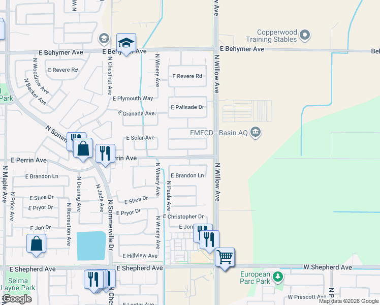 map of restaurants, bars, coffee shops, grocery stores, and more near 2925 East Eclipse Avenue in Fresno
