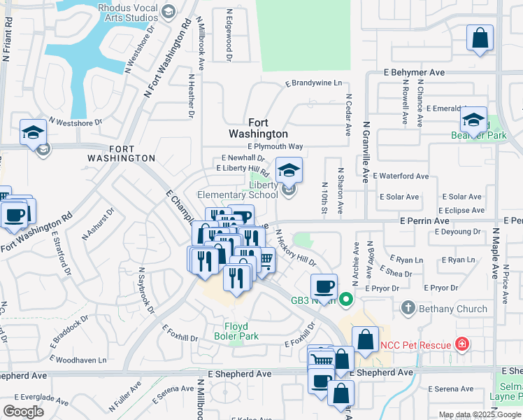 map of restaurants, bars, coffee shops, grocery stores, and more near 1160 East Perrin Avenue in Fresno