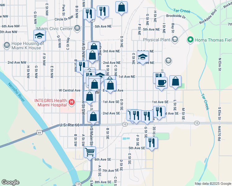 map of restaurants, bars, coffee shops, grocery stores, and more near 2-98 D Street Southeast in Miami