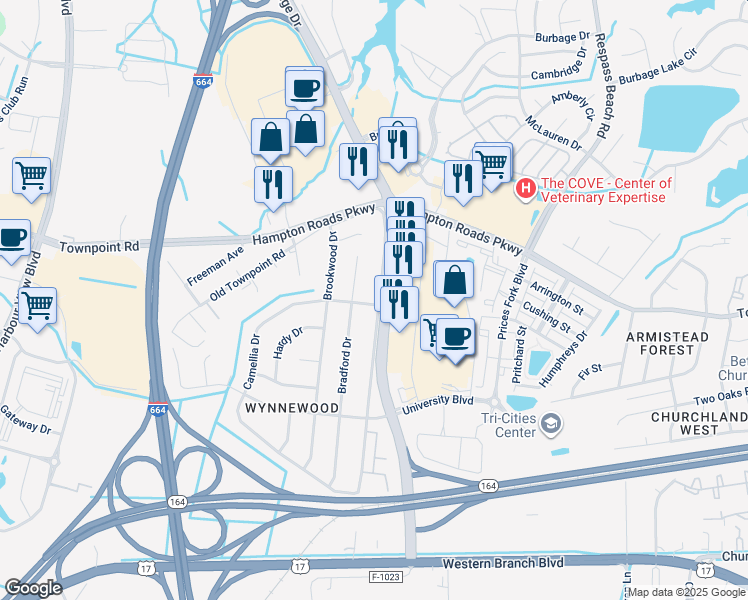 map of restaurants, bars, coffee shops, grocery stores, and more near 6101 Old College Drive in Suffolk