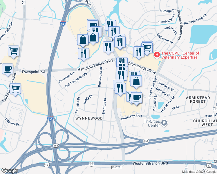 map of restaurants, bars, coffee shops, grocery stores, and more near 6100 Bradford Drive in Suffolk