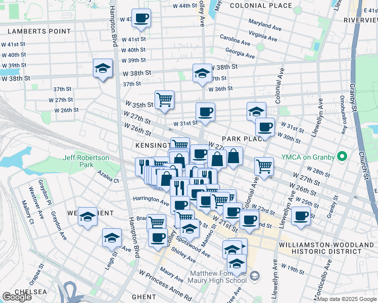 map of restaurants, bars, coffee shops, grocery stores, and more near 815 West 26th Street in Norfolk