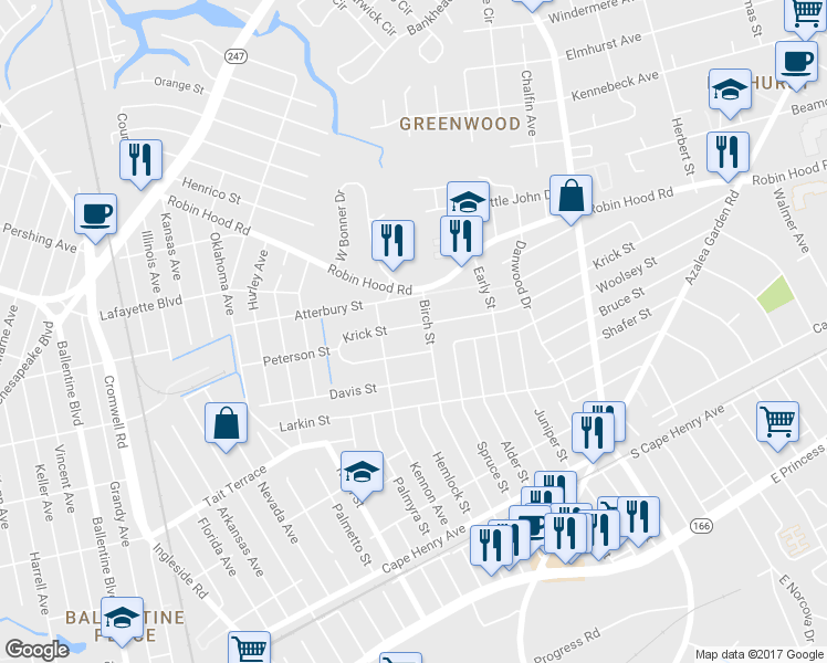 map of restaurants, bars, coffee shops, grocery stores, and more near 3925 Krick Street in Norfolk