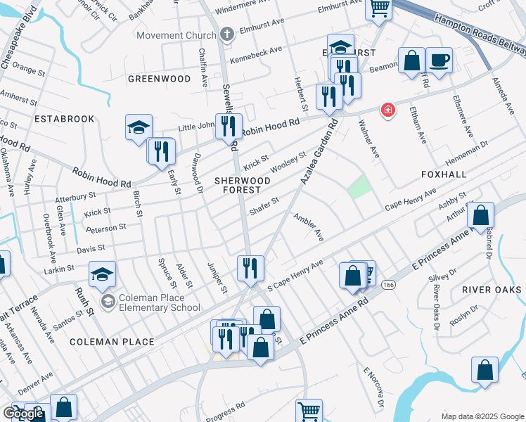 map of restaurants, bars, coffee shops, grocery stores, and more near 4829 Shafer Street in Norfolk