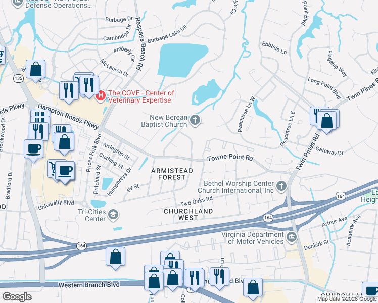 map of restaurants, bars, coffee shops, grocery stores, and more near 3714 Magnolia Drive in Portsmouth