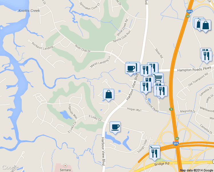 map of restaurants, bars, coffee shops, grocery stores, and more near 2025 Nicklaus Drive in Suffolk
