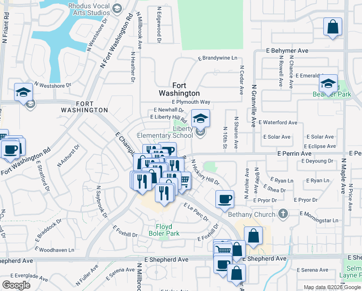 map of restaurants, bars, coffee shops, grocery stores, and more near 1160 East Perrin Avenue in Fresno