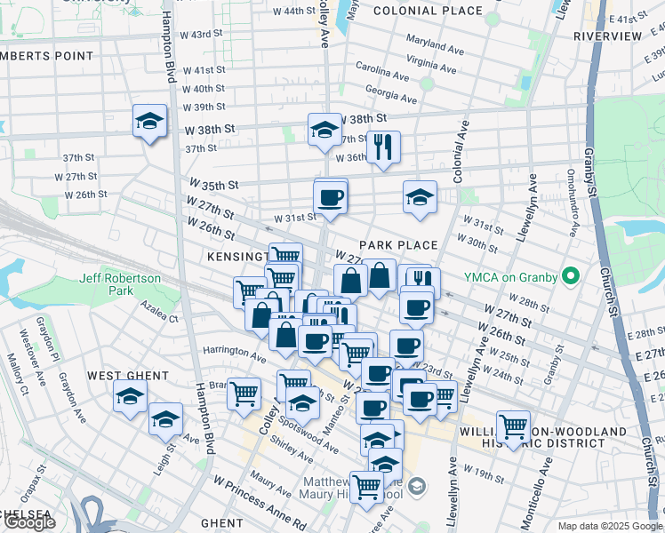map of restaurants, bars, coffee shops, grocery stores, and more near 722 W 26th St in Norfolk