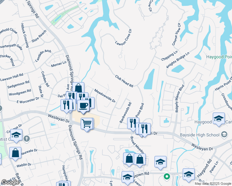 map of restaurants, bars, coffee shops, grocery stores, and more near 5404 Heatherwood Circle in Virginia Beach
