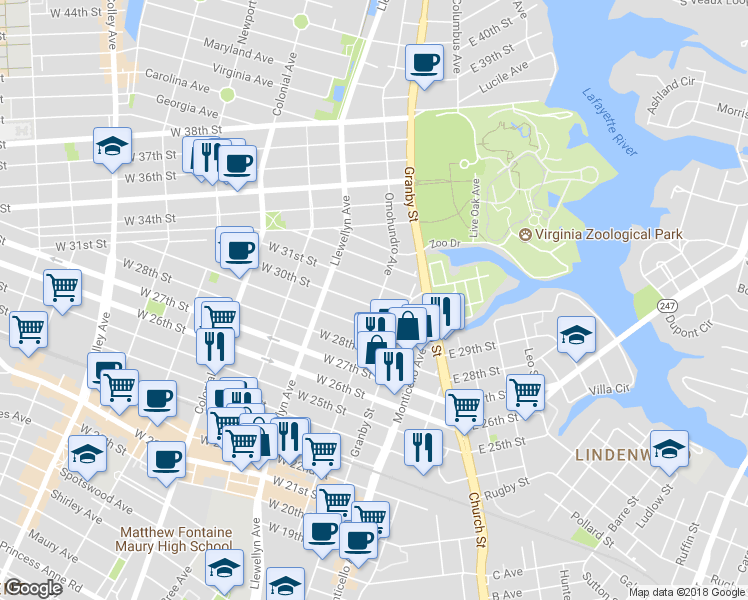 map of restaurants, bars, coffee shops, grocery stores, and more near 202 West 30th Street in Norfolk