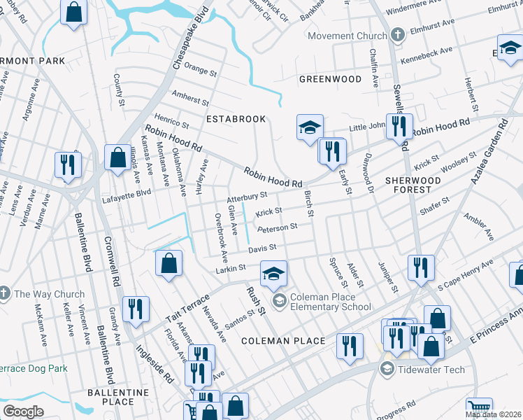 map of restaurants, bars, coffee shops, grocery stores, and more near 3840 Krick Street in Norfolk