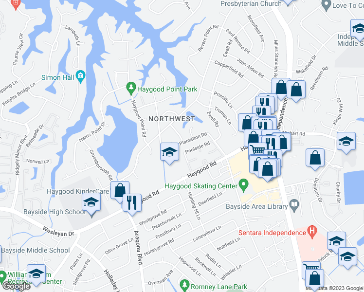 map of restaurants, bars, coffee shops, grocery stores, and more near 921 West Ferry Plantation Road in Virginia Beach