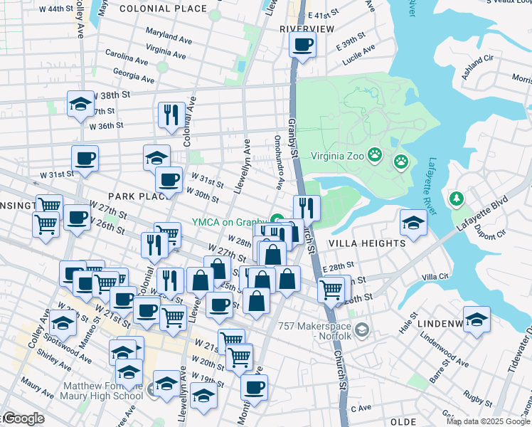 map of restaurants, bars, coffee shops, grocery stores, and more near 202 West 30th Street in Norfolk