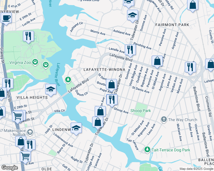 map of restaurants, bars, coffee shops, grocery stores, and more near Bourbon Avenue in Norfolk