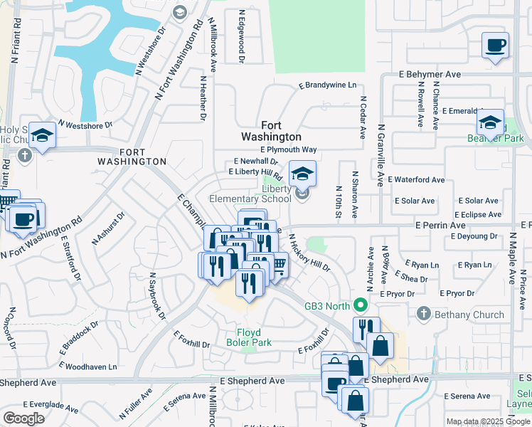 map of restaurants, bars, coffee shops, grocery stores, and more near 1164 East Perrin Avenue in Fresno