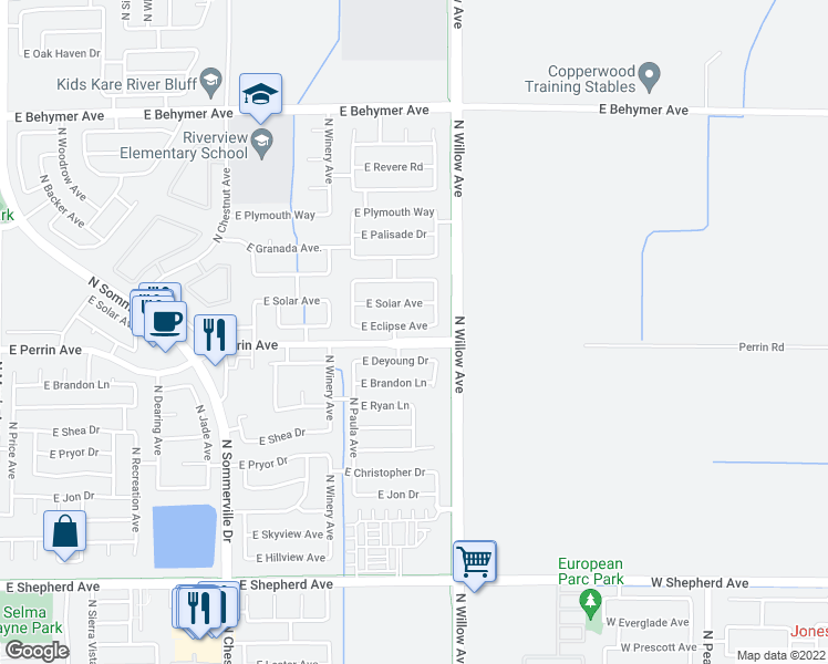 map of restaurants, bars, coffee shops, grocery stores, and more near 2925 East Eclipse Avenue in Fresno