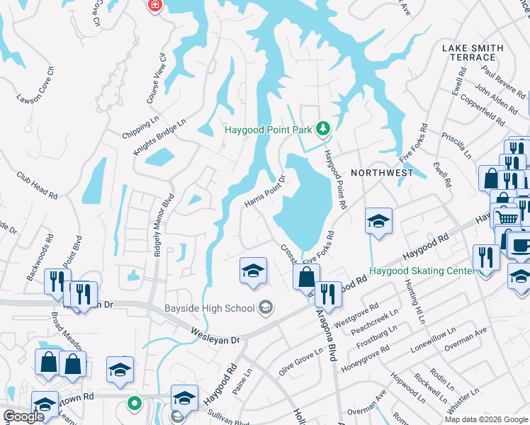 map of restaurants, bars, coffee shops, grocery stores, and more near 4712 Crossborough Road in Virginia Beach