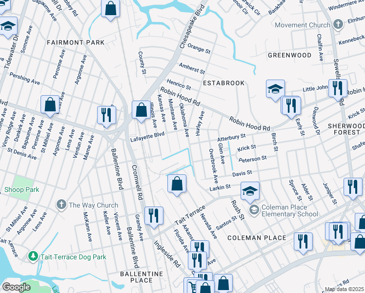 map of restaurants, bars, coffee shops, grocery stores, and more near 3004 Montana Avenue in Norfolk