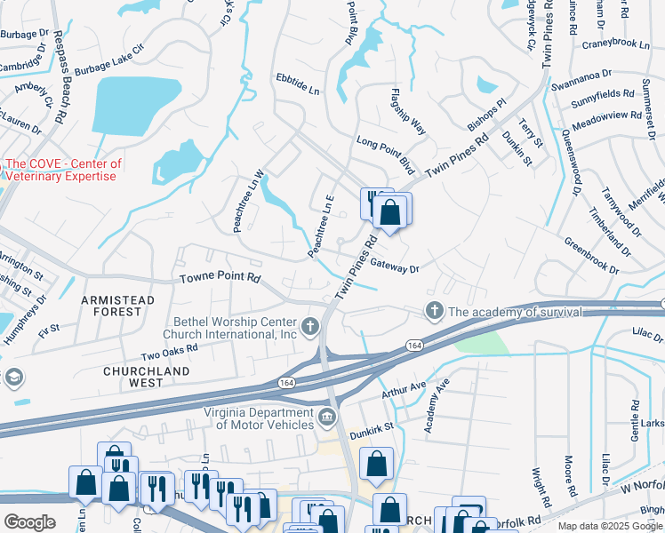 map of restaurants, bars, coffee shops, grocery stores, and more near 3718 Sugar Creek Circle in Portsmouth