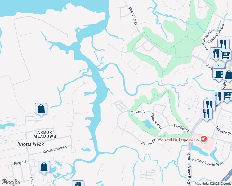 map of restaurants, bars, coffee shops, grocery stores, and more near 2102 Soundings Crescent Court in Suffolk