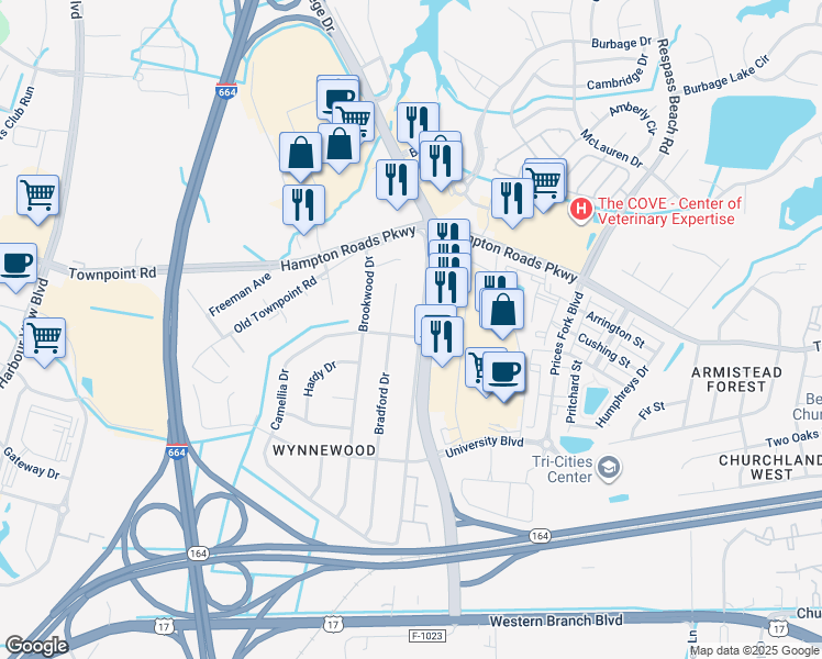 map of restaurants, bars, coffee shops, grocery stores, and more near 6101 Old College Drive in Suffolk