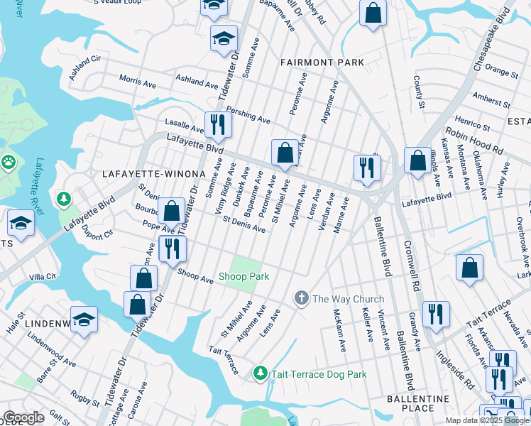map of restaurants, bars, coffee shops, grocery stores, and more near 3020 Peronne Avenue in Norfolk