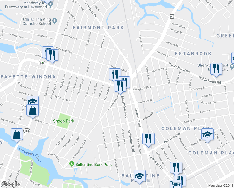 map of restaurants, bars, coffee shops, grocery stores, and more near 3119 Chesapeake Boulevard in Norfolk
