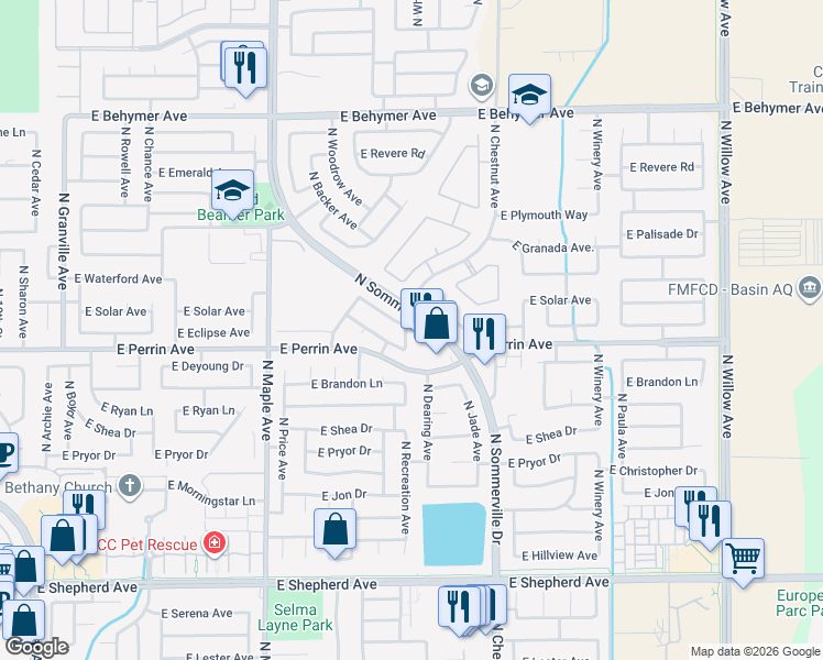 map of restaurants, bars, coffee shops, grocery stores, and more near 9542 North Recreation Avenue in Fresno