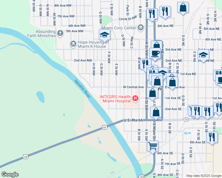map of restaurants, bars, coffee shops, grocery stores, and more near 3 F Street Southwest in Miami
