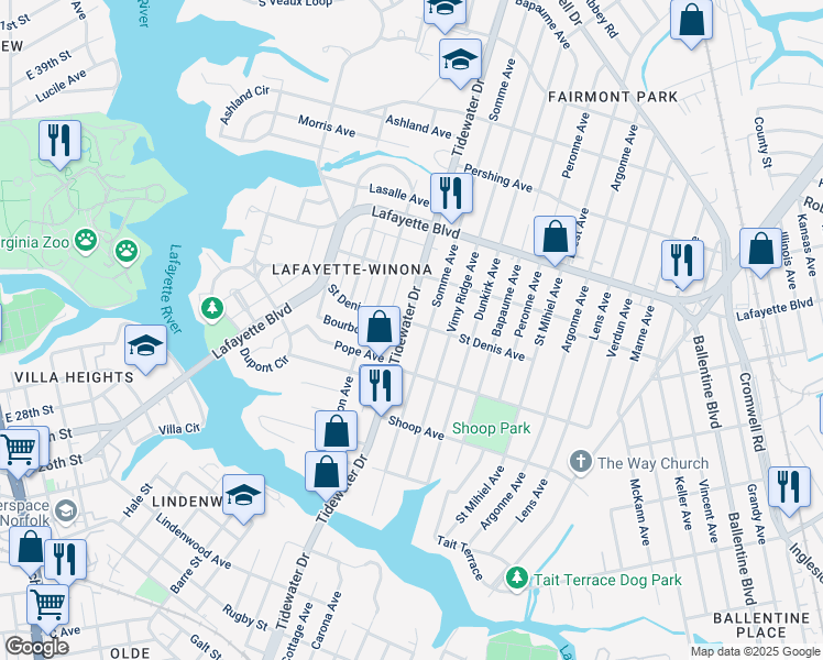 map of restaurants, bars, coffee shops, grocery stores, and more near 1905 Saint Denis Avenue in Norfolk