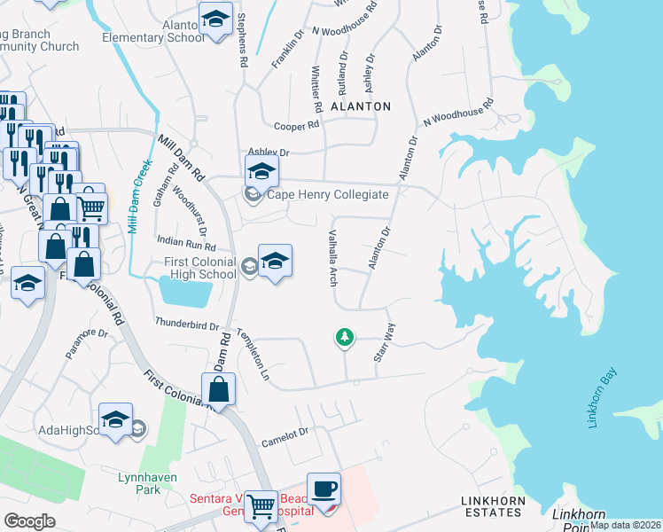 map of restaurants, bars, coffee shops, grocery stores, and more near 1758 Valhalla Arch in Virginia Beach