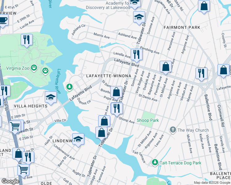 map of restaurants, bars, coffee shops, grocery stores, and more near 1800 Bourbon Avenue in Norfolk
