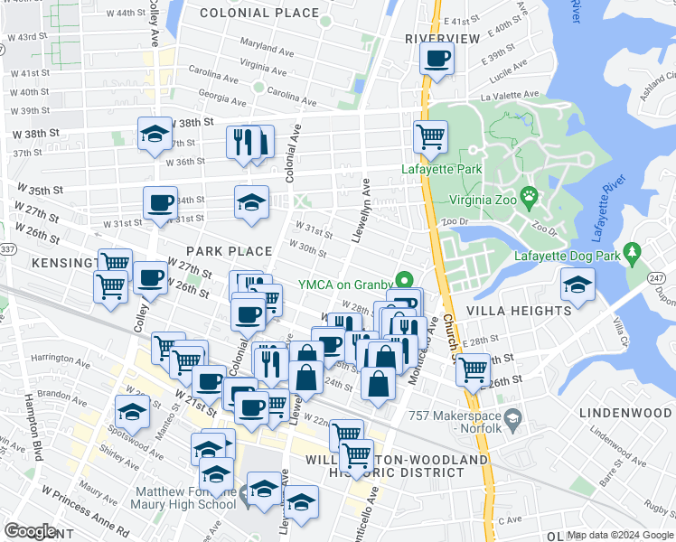 map of restaurants, bars, coffee shops, grocery stores, and more near 245 West 30th Street in Norfolk